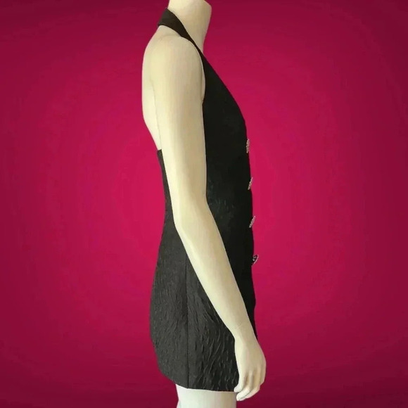 Vintage 80s Embossed Black Satin Halter Top / Mini Dress M - Picture 3 of 10